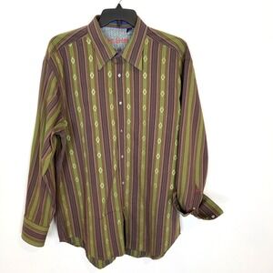 Robert Graham Men's Button Down Shirt Sz 3XL Green Aztec Flip Cuff Cotton Silk